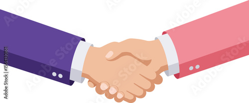 Business handshake between two people wearing purple and pink suits representing agreement and cooperation in partnership deals 