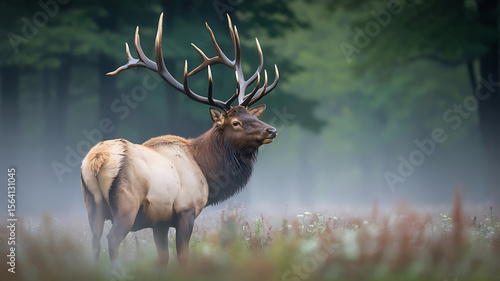 Majestic elk with large antlers in a misty forest.
