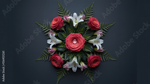Red and white flowers arranged in a symmetrical floral design.
