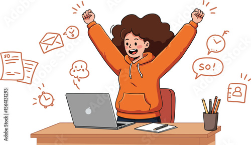 Happy young woman celebrating success at laptop with productivity icons around desk in orange hoodie