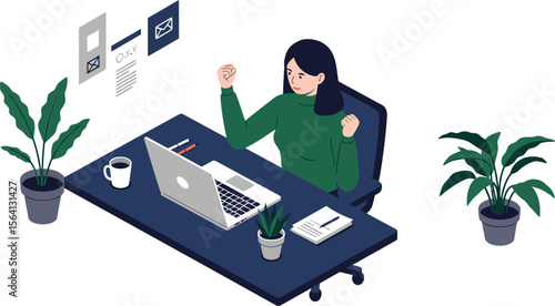 Woman working at desk with laptop celebrating success in modern office surrounded by plants and documents 