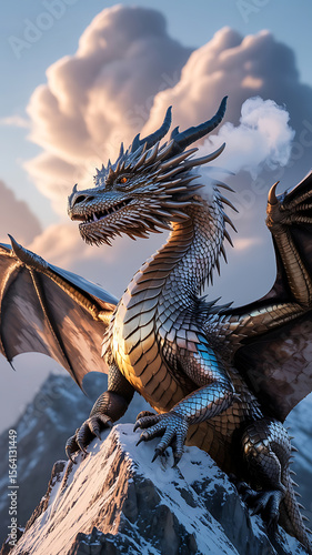 Golden dragon atop snowy mountain peak, majestic and powerful.
