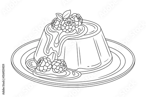 Delicious dessert, panna cotta topped with raspberries.
