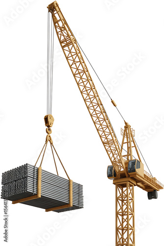 Construction crane lifting heavy metal beams.
