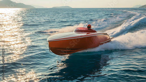 Red speedboat slicing through azure water.
