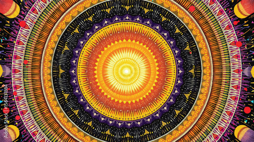 Intricate bohemian sunburst mandala art with detailed geometric patterns and colorful elements.