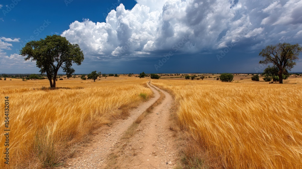 Obraz premium A dirt path winds through a golden wheat field under a dramatic cloudy sky