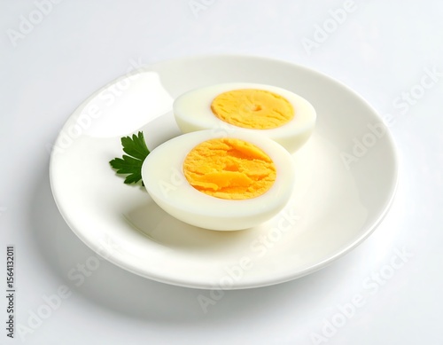 Boiled egg sliced in half with bright yellow yolk on white plate garnished with parsley