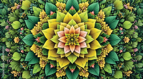 Beautifully crafted botanical mandala featuring lush green foliage and delicate floral elements.