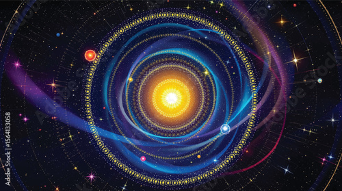 Colorful abstract illustration depicting cosmic energy and spiraling galaxies with celestial elements.