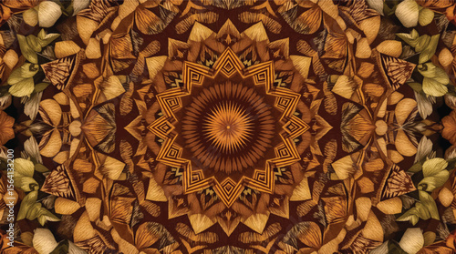 Detailed brown and orange mandala design with floral and geometric ornamental elements.