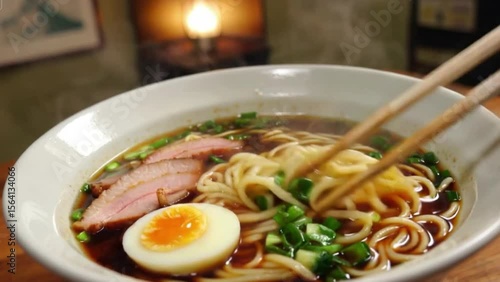 Cozy Close-Up of Steaming Ramen Bowl with Chopsticks Lifting Noodles and Vibrant Toppings