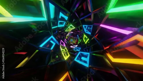 A seamless looping animation of a glowing neon tunnel made of rotating geometric shapes, with pulsating lights synchronized to music beats, high contrast colors on black background.

