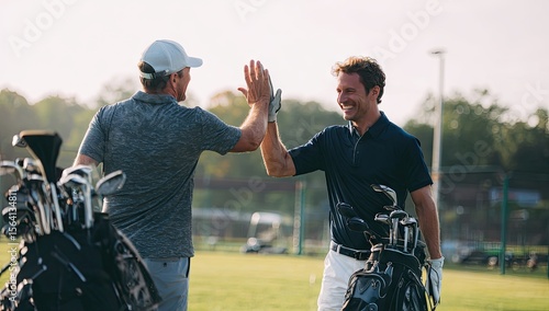 Two male golfers give a high-five, celebrating a successful round on a sunny golf course, their golf bags nearby
