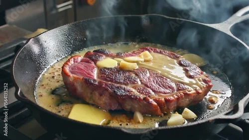 Slow Pan of Sizzling Cast-Iron Steak with Butter and Garlic in Moody Dark Kitchen

