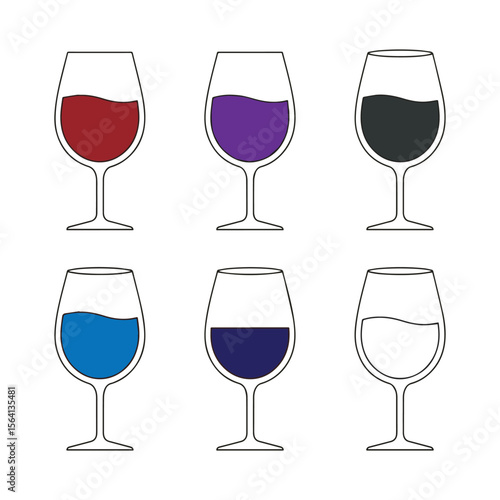 Six glasses with different colored liquids isolated on white background Art & Illustration