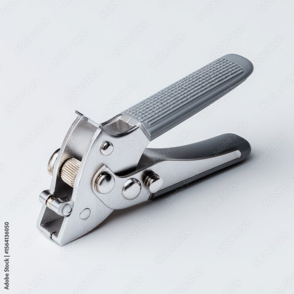 Obraz premium A sleek, grey-handled, silver metal hand tool with a textured grip, designed for fastening or joining materials, possibly using rivets or similar fasteners. It features adjustable components