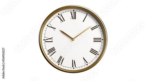 Clock shows the time using Roman numerals with golden hands and rim, situated against a isolated background.