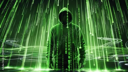  HD Digital Art of Hacker Silhouette in Hoodie with Green Binary Code Matrix