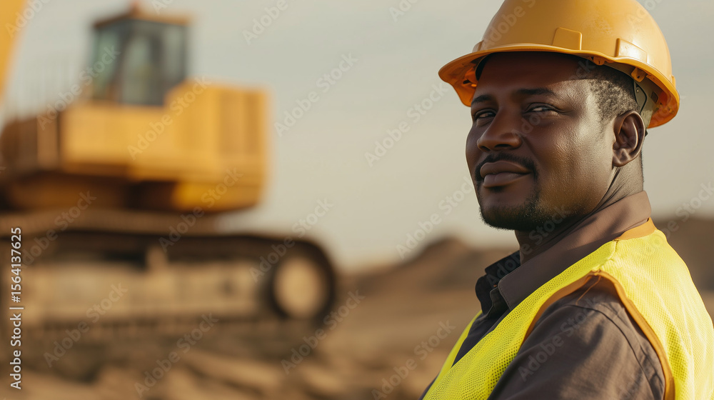 Fototapeta premium Confident African male construction or mining worker, yellow safety helmet and work shirt, standing folded arms in front of a large yellow dump truck. Mining or construction site. professionalism and 
