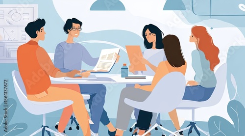 A group of five young adults sits around a table in a light-blue office, engaging in a collaborative meeting, reviewing documents