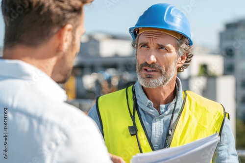 Two men, one in a safety vest and helmet, discuss blueprints outdoors on a construction site.  One appears to be a foreman or supervisor explaining something to a colleague