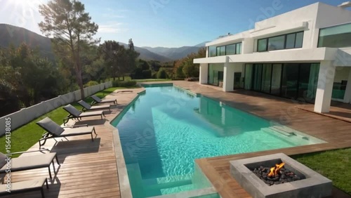 Horizontal Glide over Modern Luxury Home Pool with White Exterior, Floor-to-Ceiling Windows and Fire Pit