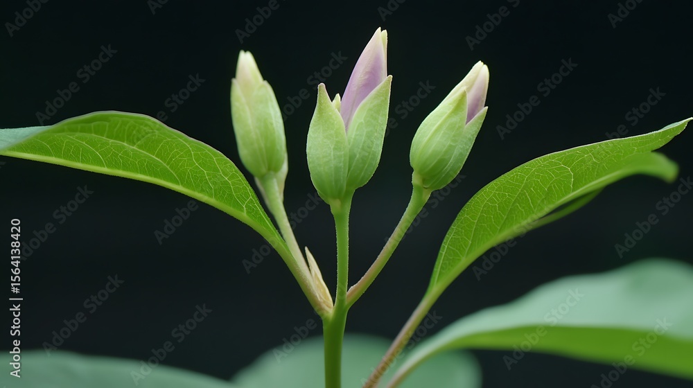 Obraz premium Closeup of Three Emerging Flower Buds on Green Stem with Leaves