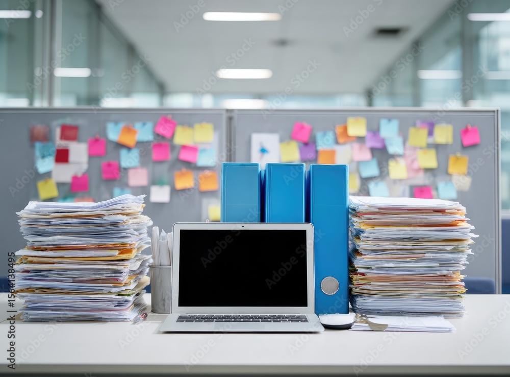 Fototapeta premium Overwhelmed workspace laptop, stacks of papers, and colorful sticky notes on cubicle dividers, suggesting a busy office environment