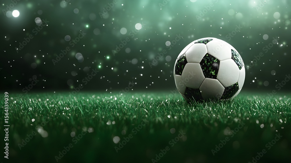 Naklejka premium Soccer Ball on Green Grass Night Scene