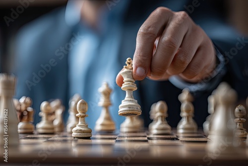 Wallpaper Mural Close-up of a hand moving a chess king piece on a wooden board, representing strategy and planning in a business or competitive context Torontodigital.ca