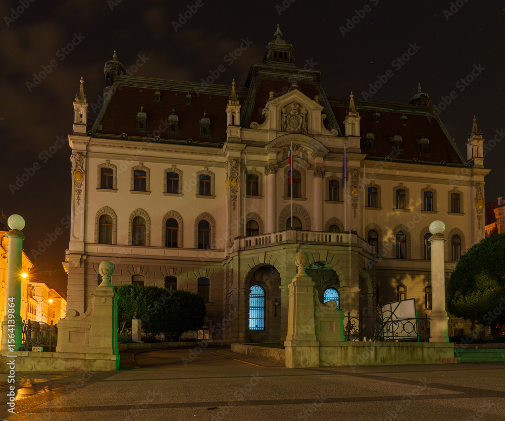 Obraz premium University of Ljubljana main building illuminated at night
