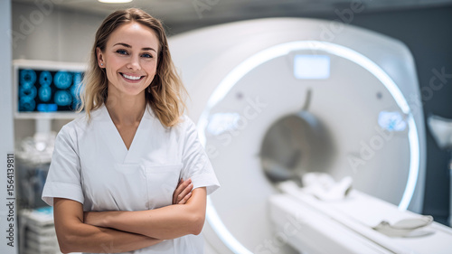 Proud Radiology Professional Smiling Beside White MRI Scanner in Pristine Clinical Lab Environment Under Bright Light