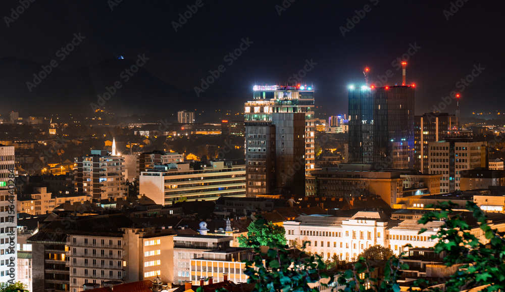 Fototapeta premium Ljubljana cityscape at night with skyline, streets and historic buildings