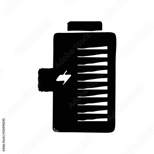 Monochrome battery charging icon with full level and energy bolt symbol