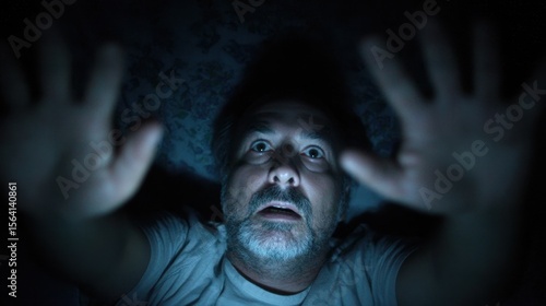 A closeup captures the mans face in an expression of fear and confusion as he wakes suddenly arms raised as if to fend off an invisible threat. The surrounding darkness seems to clos