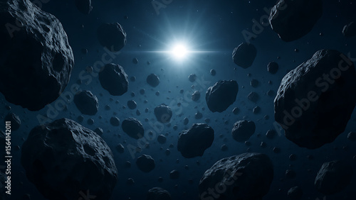 Fototapeta Naklejka Na Ścianę i Meble -  Asteroid field horizon with distant bright star, scattered rocky debris in outer space, cosmic environment, space exploration day