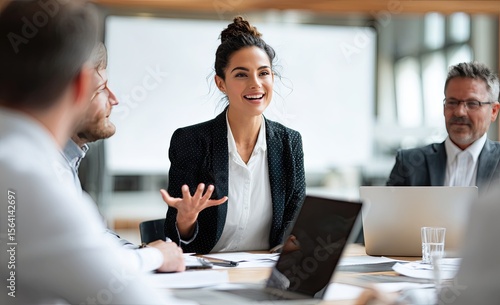 A smiling businesswoman leads a lively meeting, engaging with colleagues around a table strewn with papers and laptops, in a bright, modern office