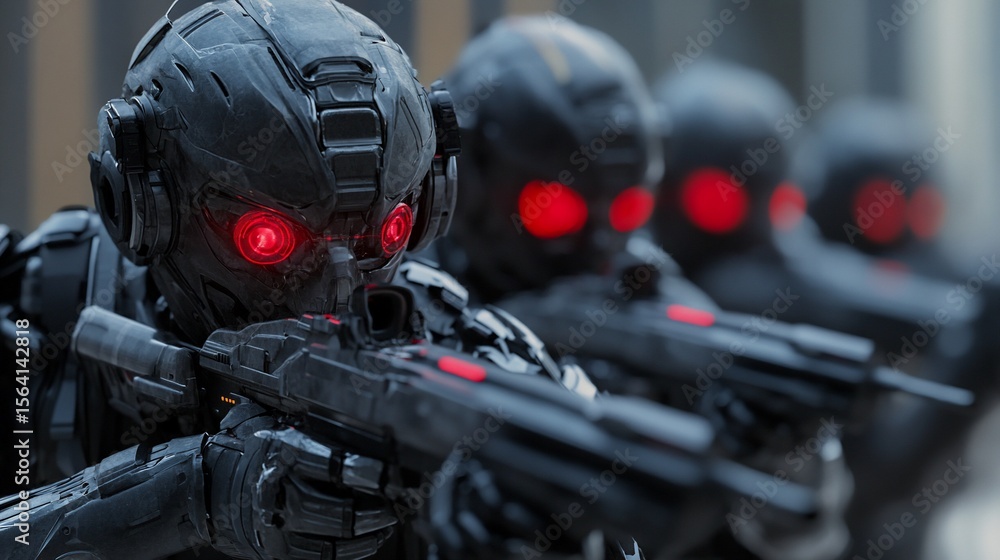 Fototapeta premium Futuristic soldiers in combat stance on city street