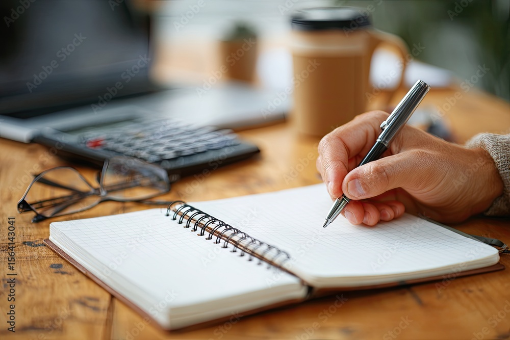 Close-up of a hand writing in a spiral-bound notebook on a wooden desk, with a calculator, eyeglasses, and coffee cup blurred in the background Close-up of a hand writing in a spiral-bound notebook on a wooden desk, with a calculator, eyeglasses, and coffee cup blurred in the background
