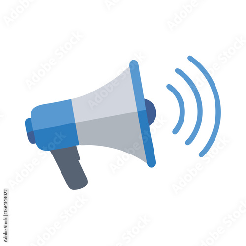 Blue megaphone broadcasting sound waves announcement