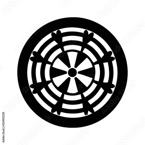 Abstract black and white circular pattern with wheel like geometrical design