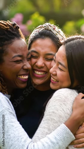 Close-up handheld video of three young diverse women in comfortable casual clothing, hugging and laughing joyfully in a lush park with blurred greenery, dappled golden hour light, and blooming