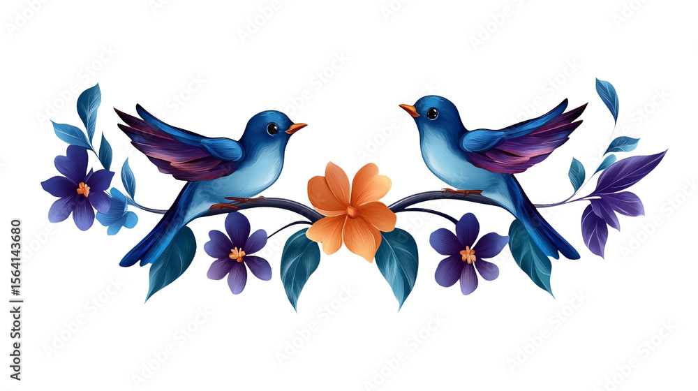Obraz premium Two blue birds are perched on a branch with purple and orange flowers. - high quality Two blue birds are perched on a branch with purple and orange fl