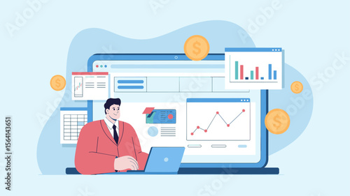 accountant working on laptop with financial data dashboard, vector illustration for accounting services, financial management and business bookkeeping