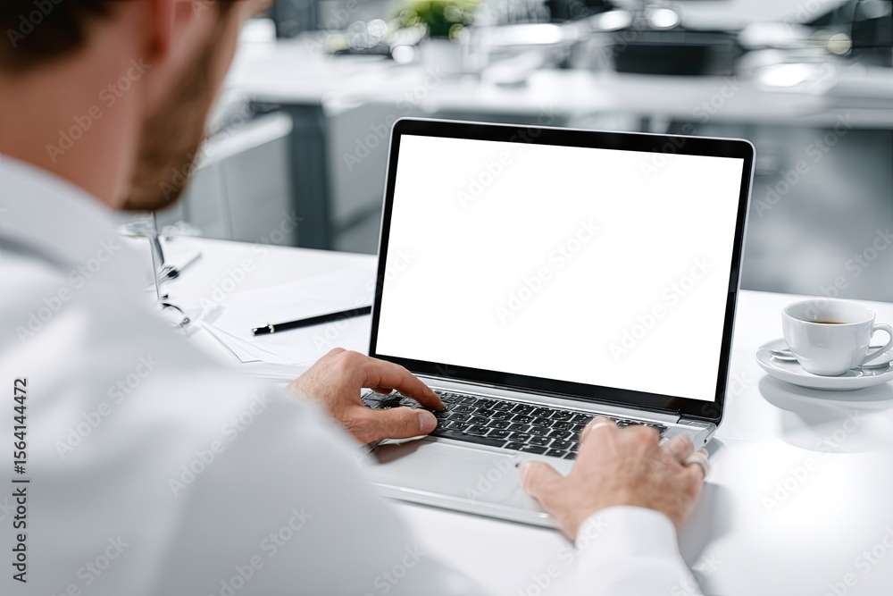© Genshin - Rear view of a man in a white shirt seated at a desk, typing on a laptop with a blank white screen.  A coffee cup and paperwork are visible
