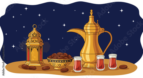 Traditional Arabic Lanterns, Dates, and Tea for Ramadan Iftar