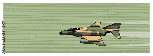 Low lewel fly. A simple drawing of an old jet fighter flying over the surface. Vector image for prints, poster and illustrations.