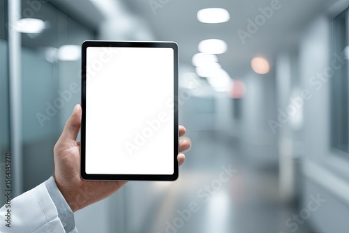 A hand in a white coat holds a tablet with a blank white screen in a blurred sterile hallway