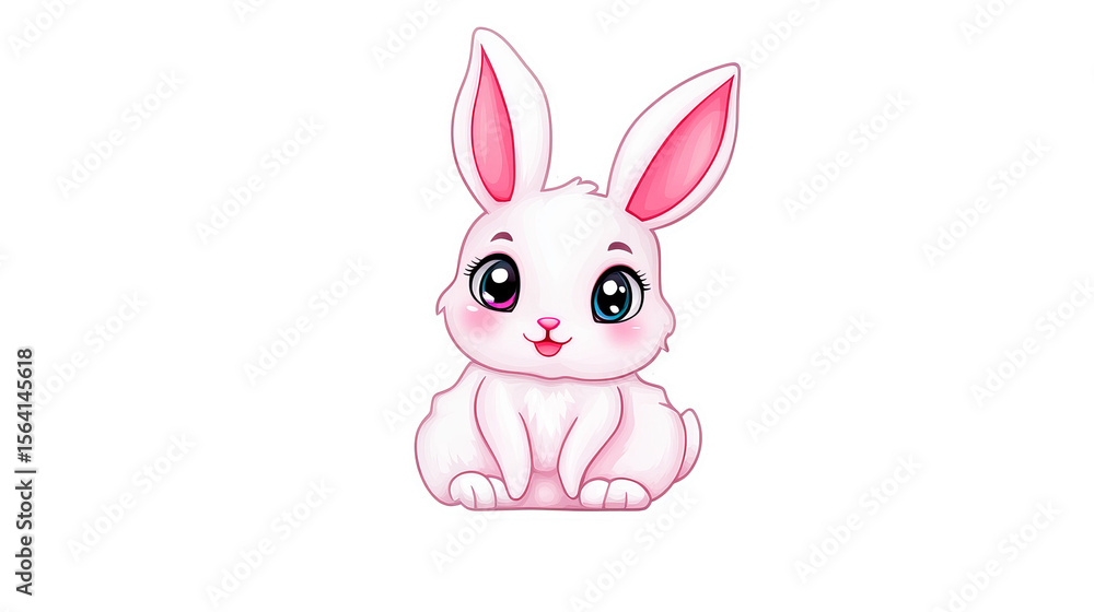 Obraz premium Animated rabbit with pink ears sits facing forward, showcasing its cute features like big eyes and a small smile.